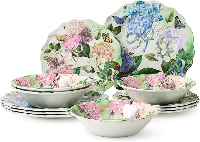 Garden Path Melamine 12-Piece Dinnerware Set - Hydrangea Design Service for 4 with Dinner Plates Salad Plates and Bowls - Durable Lightweight and Dishwasher-Safe