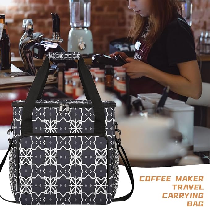Grid Flower Black &amp White Mandala Coffee Maker Carring Bag Travel Carrying Storage Tote Bag Compatible with Keurig K-Mini or K-Mini Plus Portable Single Serve Coffee Brewer Case with Pockets