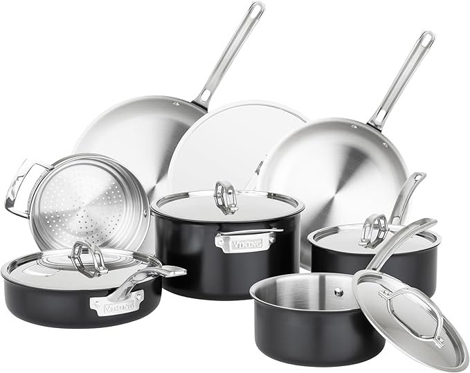 Viking 3-Ply Pots and Pans Set 12 Piece Stainless Steel Kitchen Cookware Set with Lids Dishwasher Safe Induction Ready Cast Black