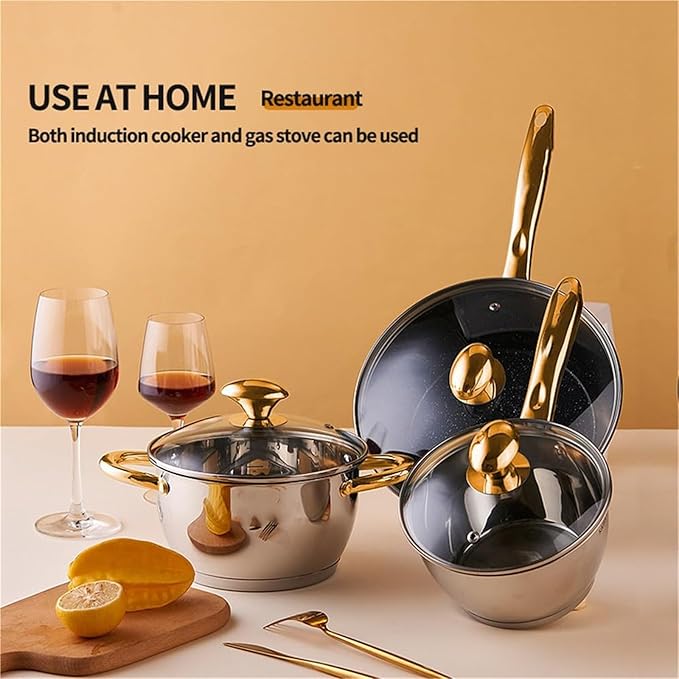 cookware set Stainless Steel Pot Set Kitchenware Installed Wok Pan Soup Milk Snow Household Use Non Stick Cooking(KV-6662 gold)