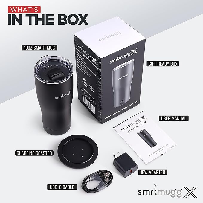 X Heated Coffee Mug 19 oz. 8 Hour Battery Life Self-Heating Adjustable Temp Controlled LCD Screen One Button Temperature Adjustment Includes Cover with Magnetic Slider (Black) (Black)