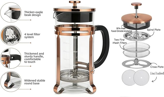 French Press Coffee Maker 34Oz Coffee Press with 304 Stainless Steel 4 Filters Borosilicate Glass Heat Resistant Carafe 100% BPA-Free Teapot &amp Coffee Press Copper Finish