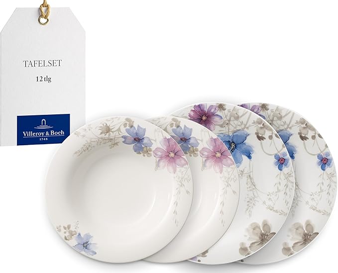 Villeroy &amp Boch Mariefleur Gris Basic Dinner Set for up to 6 People 12 Pieces Premium Porcelain White/Multicoloured