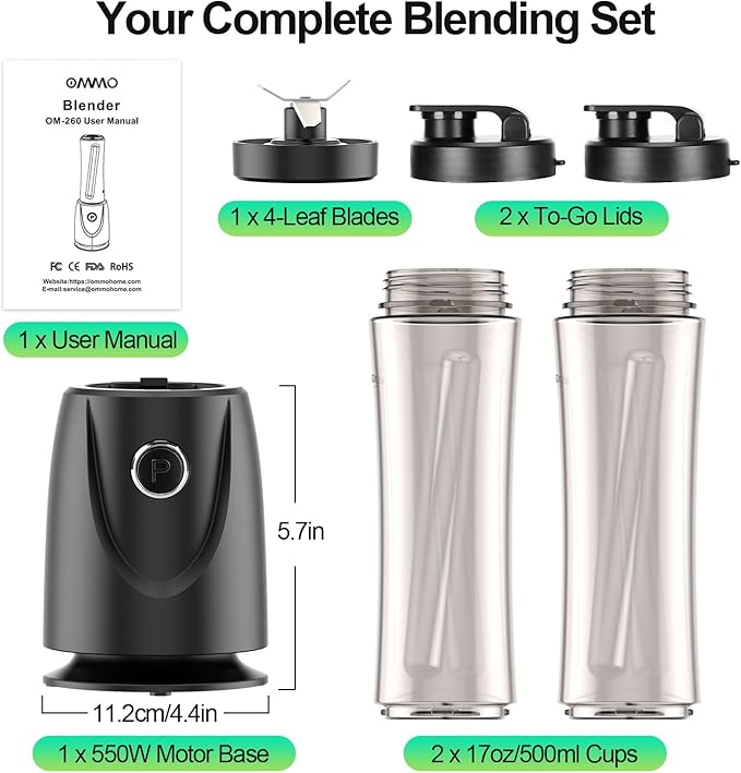 OMMO Blender 500W Smoothie Blender with 4-Fin Blades Personal Blenders for Kitchen with 17oz BPA-Free Portable Cups for Drinks Milkshake and Juices