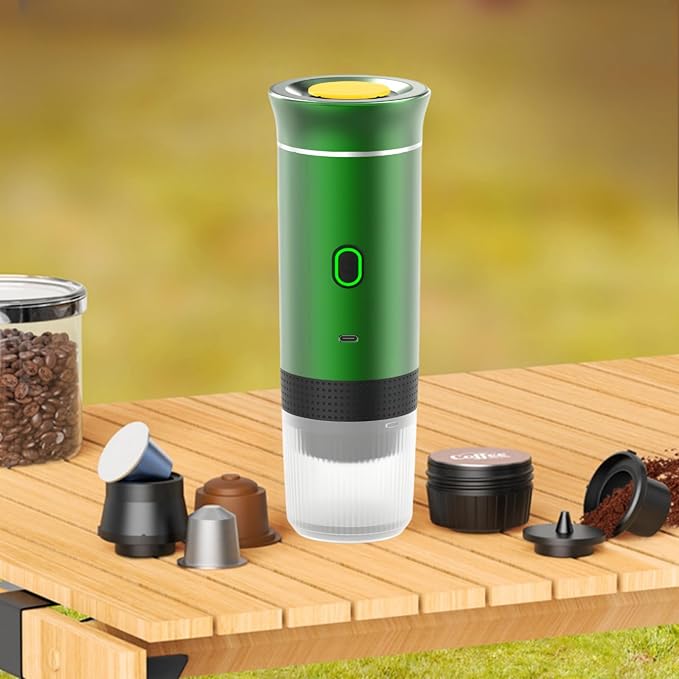 Mini Electric Espresso Coffee Machine Small Self-Heating Portable Car Coffee Maker with Capsule and Ground Coffee for Office RV Travel Camping Hiking (green)