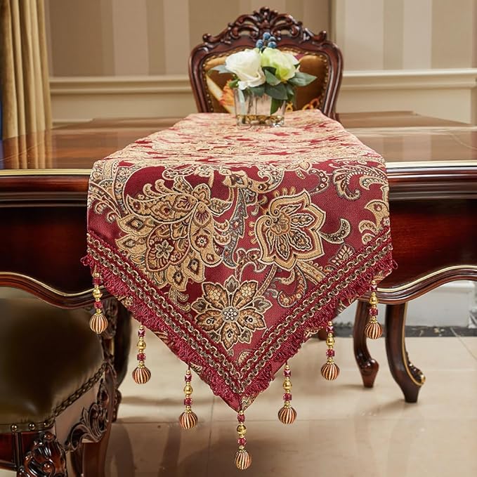 Luxury Vintage Table Runner 120 inches Long Embroidery Jacquard Fabric with Multi-Tassels Table Runners for Dining Room Dresser Wedding Christmas Thanksgiving Party Decorations (Red 12X120inch)