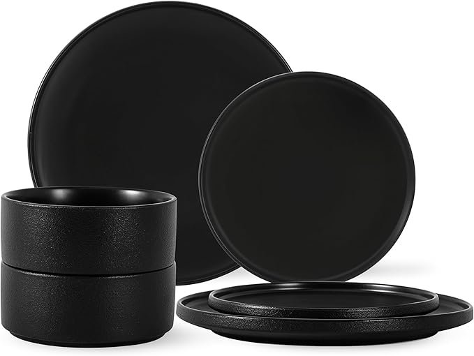 GZG Classic Series - Plates and Bowls Set for 2 6 Piece Stoneware Dinnerware Sets Microwave and Dishwasher Safe Lead-Free Handcrafted Ceramic Dishes Set - Frosted Matte Black