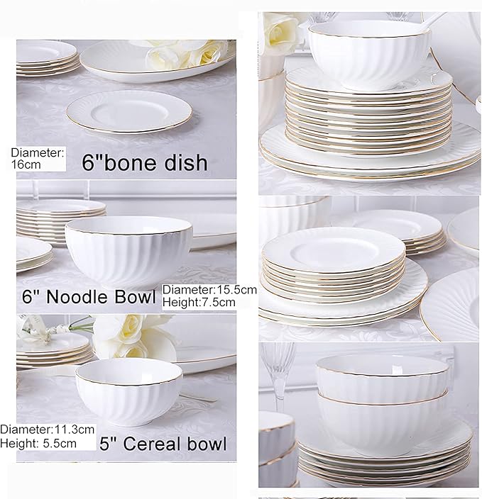 56 Pieces Dinnerware Set White Porcelain Kitchen Fine Bone China Dinner Set with Cereal Bowls Dinner Plate Dessert Plate Deep Soup Plates Fish Plate Dishes Soup Pot