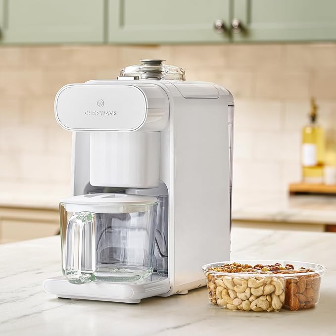 ChefWave Milkmade Soy Milk Maker (Silver/White) 6-in-1 Vegan Plant-Based Milk Machine with Auto Clean and Delay Start Almond Oat Soy Cashew Coconut Macadamia Milk Maker with Nut Platter