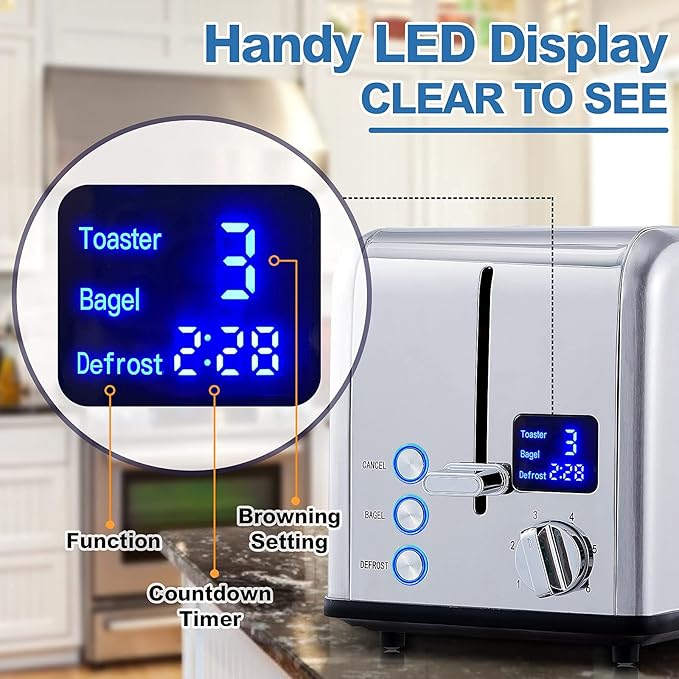 CUSIMAX Stainless Steel 2 Slice Toaster with LED Display Extra-wide Slots 6 Browning Settings Cancel/Bagel/Defrost Removable Crumb Tray Silver