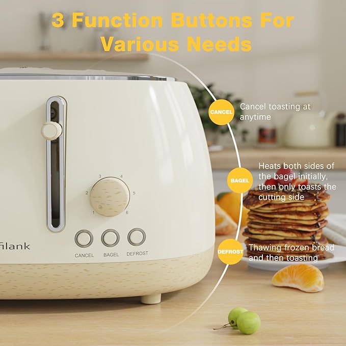 Toaster 4 SliceRetro Stainless Steel Toaster with Extra Wide Slots Cancel Bagel Defrost Function Dual Independent Control Panel Removable Crumb Tray and High Lift Lever (Beige)