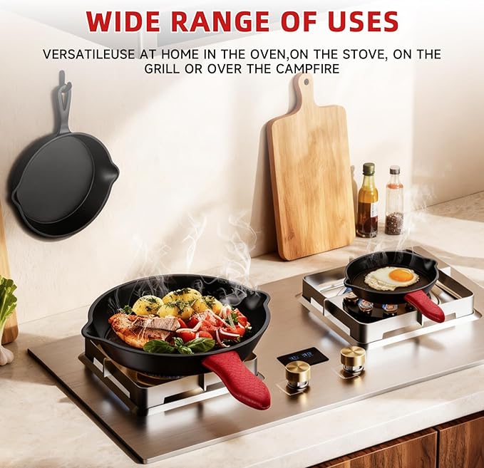 3 piece set cookware set 6 8 10 Inches for frying saute &ampmore easy use in the oven stove grill or campfire black with silicone heat-resistant cover