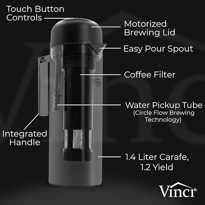 VINCI Express 2 Electric Cold Brew Coffee Maker: 37 oz. Fast Customizable Low-Acid Brews with Patented Circle Flow Technology 3 Brew Settings Self-Cleaning Function (Plastic Carafe)