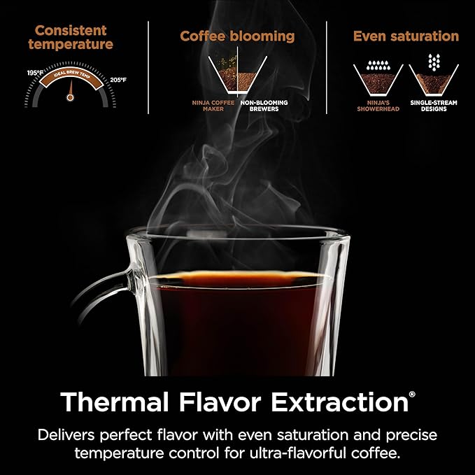 Ninja Specialty Coffee Maker Hot &amp Iced Coffee 6 Brew Styles 8 Sizes Small Cup to Travel Mug 10-Cup Carafe Fold-Away Frother Permanent Filter Removable Reservoir Black CM401