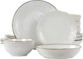 Unknown1 16 Piece Embossed Double Bowl Stoneware Dinnerware Set in Ivory Textured Casual Round Dishwasher Safe