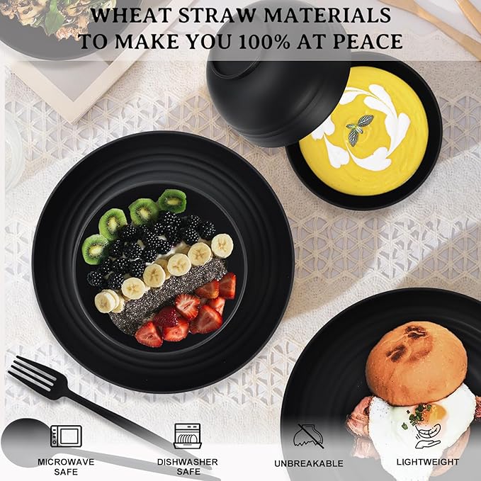 28-Piece Wheat Straw Dinnerware Sets Microwave &amp Dishwasher Safe Unbreakable Dinnerware Set Reusable Dishware Sets Lightweight Camping Dishes Plates Cups Cereal Bowls for 4（Black）