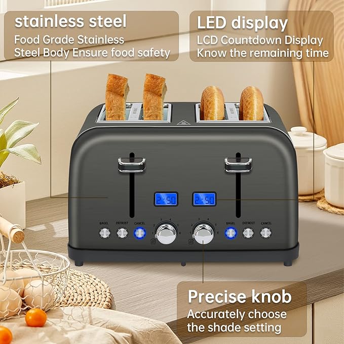 SEEDEEM Toaster 4 Slice LCD Display 6 Shade Settings 1.5'' Wide Slots Digital Stainless Toaster for Bagel Defrost Reheat Dual Control Removable Crumb Tray 1500W Dark Metallic