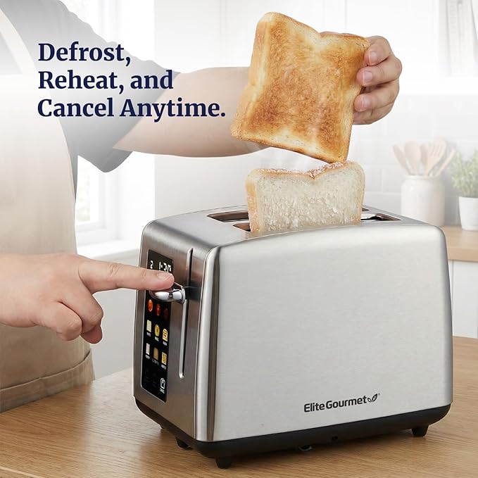 Elite Gourmet 2-Slice Toaster with Digital Countdown Extra-Wide Slots for Bagels &amp Thick Bread One-Touch Presets Stainless Steel Defrost/Reheat/Cancel