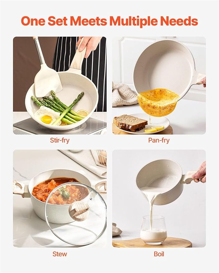 17 Piece Pots and Pans Set Nonstick Granite Cookware Induction Compatible Kitchen Set - White
