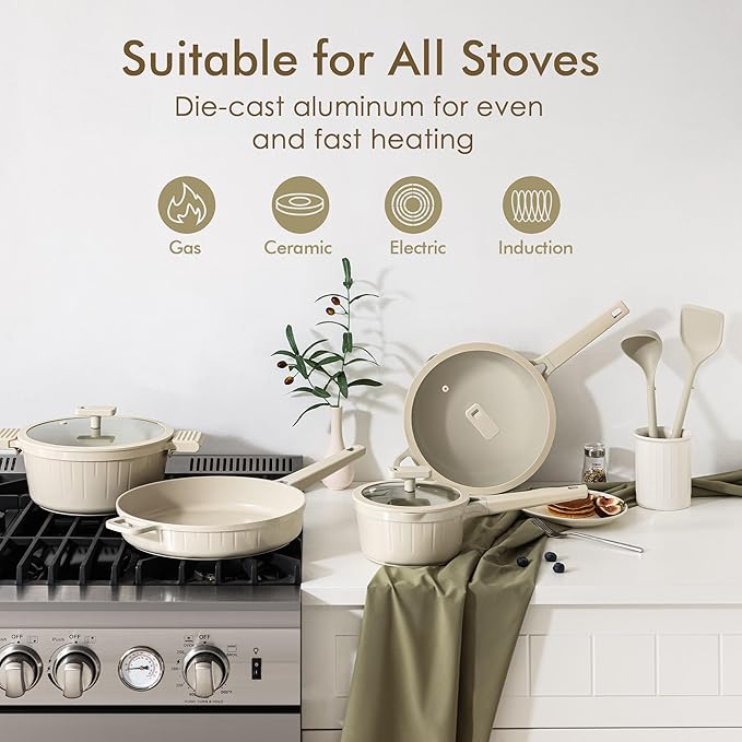 SENSARTE Ceramic Cookware Set Non-toxic 14 Pcs Nonstick Pots and Pans Set Dishwasher Safe Induction Cookware Healthy Kitchen Cooking Set PFOA/PFAS/PTFE Free