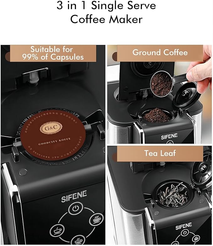 SIFENE Single Serve Coffee Maker 3-in-1 Quick Brew for Coffee Pods Ground Coffee &amp Loose Tea 6-12oz Cup Sizes 50oz Removable Water Tank 1150W Compact Black