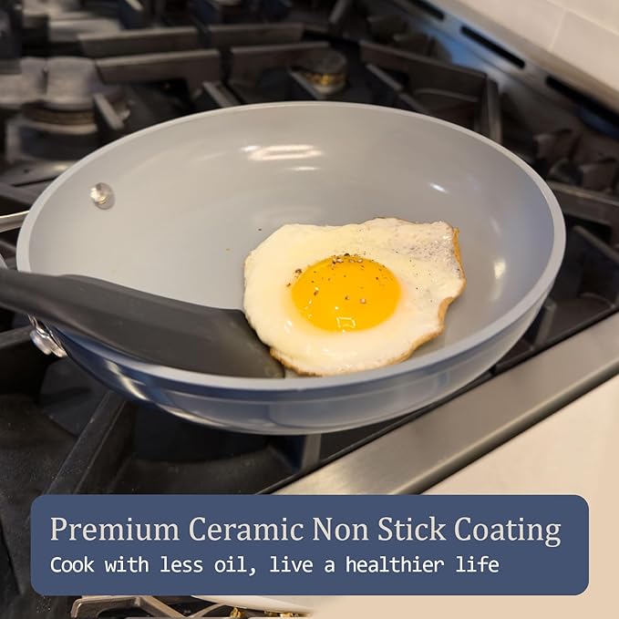 Ceramic Nonstick Cookware Set 8 Fry Pan &amp 4.5qt Dutch Oven PFAS/PTFE/PFOA Free Even Heat Distribution All Cooktops Compatible Oven Safe to 500°F (Caribbean Blue)