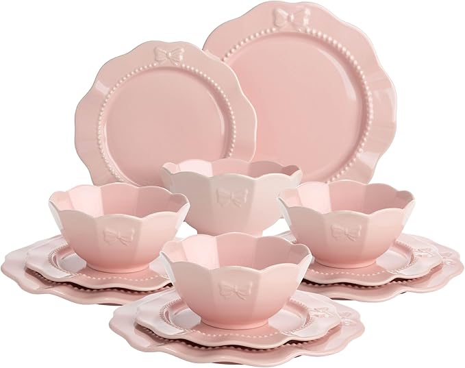 Paris Hilton 12-Piece Dinnerware Set Embossed Bow Design Iconic Ceramic Stoneware Service for 4 with Dinner Plates Salad Plates and Bowls Microwave &amp Dishwasher Safe Pink