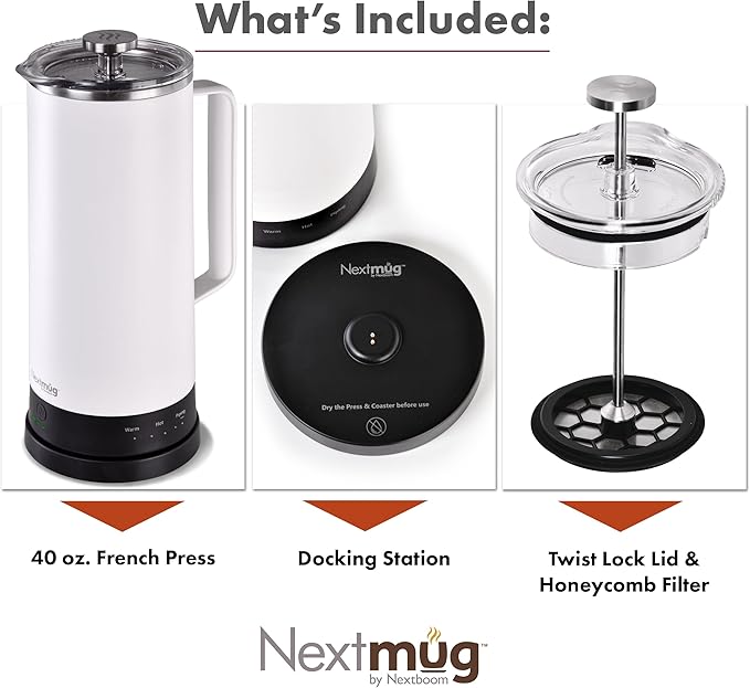 Nextmug Press - Temperature-Controlled Self-Heating French Press (White - 40 oz.)