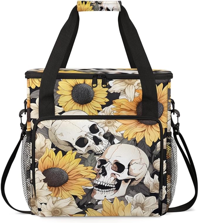 Skull Coffee Maker Carrying Bag Sunflowers Portable Travel Storage Tote Bag Compatible with K-Mini or K-Mini Plus Single Serve Coffee Brewer Carrying Case with Multiple Pockets &amp Shoulder Strap