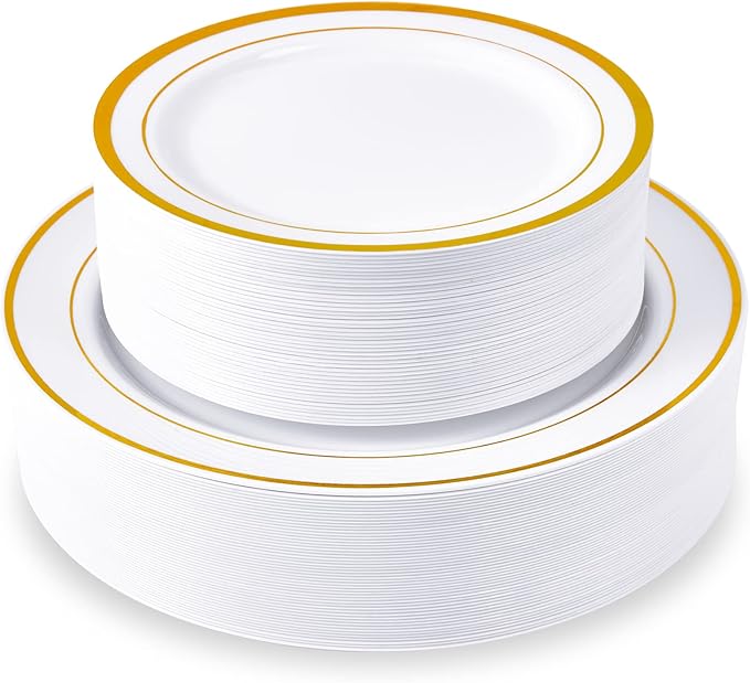 JollyPack 100 Piece Disposable Gold Plastic Party Plates Including 50 10 Inch Dinner Plates and 50 7 Inch for Dessert Great for Parties Weddings Home Use and Thanksgiving