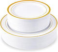 JollyPack 100 Piece Disposable Gold Plastic Party Plates Including 50 10 Inch Dinner Plates and 50 7 Inch for Dessert Great for Parties Weddings Home Use and Thanksgiving