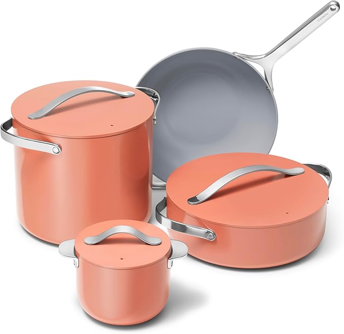 Caraway Cookware+ Collection - Specialty Cookware Set - Petite Cooker Stir Fry Pan Rondeau &amp Stock Pot - 3 Lids &amp Storage Organizer Included - Perracotta