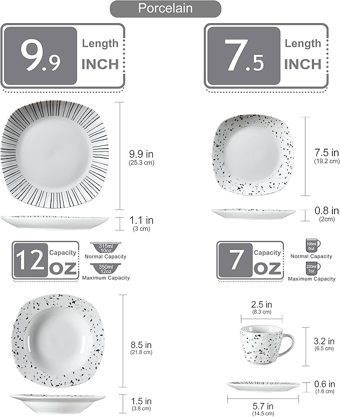 VEWEET Series BESLEY 30-Piece Ivory White Black Lines Porcelain China Ceramic Dinner Combi-Set with Dessert Plates/Soup Plates/Dinner Plates/Cups/Saucers Service for 6