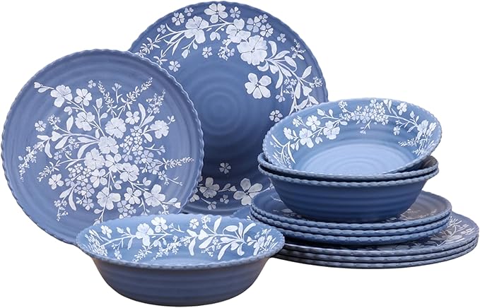 12-Piece Daisy Bamboo Melamine Dinnerware Set - Shatterproof Plates &amp Bowls Lightweight for Indoor Outdoor Dishwasher Safe Service for 4 Ocean Blue Floral Design