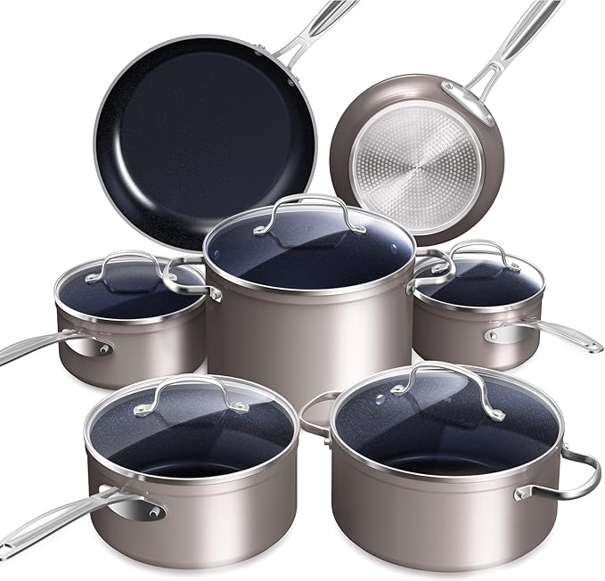 Healthy Duralon Blue Ceramic Nonstick Cookware Set Diamond Infused Scratch-Resistant PFAS Free Dishwasher &amp Oven Safe Induction Ready &amp Evenly Heats Tempered Glass Lids &amp Stay-Cool Ha