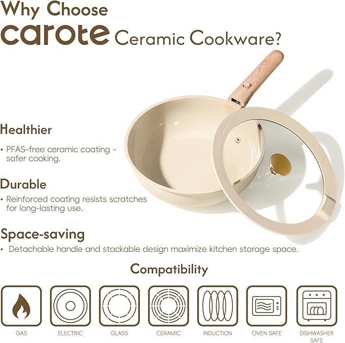 CAROTE 22PCS Pots and Pans set Non Stick Ceramic Cookware Set RV Kitchen Cooking Set Removable Handles Oven Safe Induction Coolware Non-toxic Kitchen Cooking Set PFAS and PFOA Free