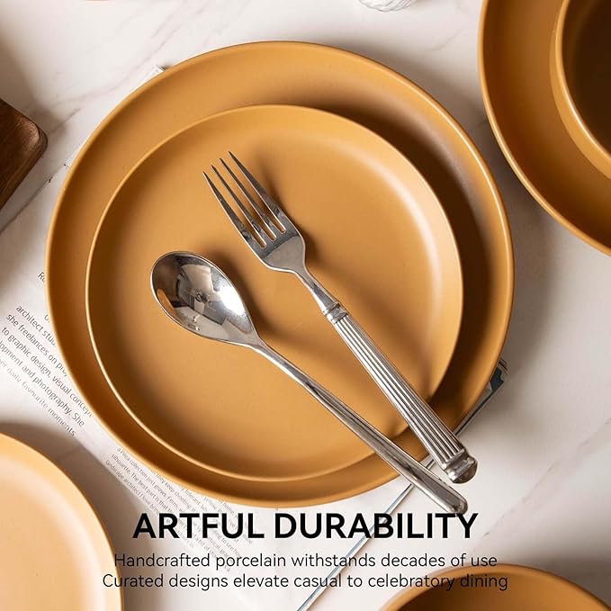 Plates and Bowls Sets 12 Pieces Stoneware Dinnerware Sets with Mugs Stackable Matte Glaze Kitchen Stoneware Plates and Bowls Set for 3 Microwave and Dishwasher Safe(Orange)