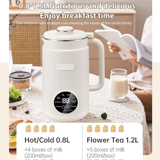 Decdeal Soybean Milk Maker Programmable Blender with Digital Display 12 Stainless Steel Blades Auto Cleaning 8H Keep Warm Function for Almond Milk Soy Juices (White)