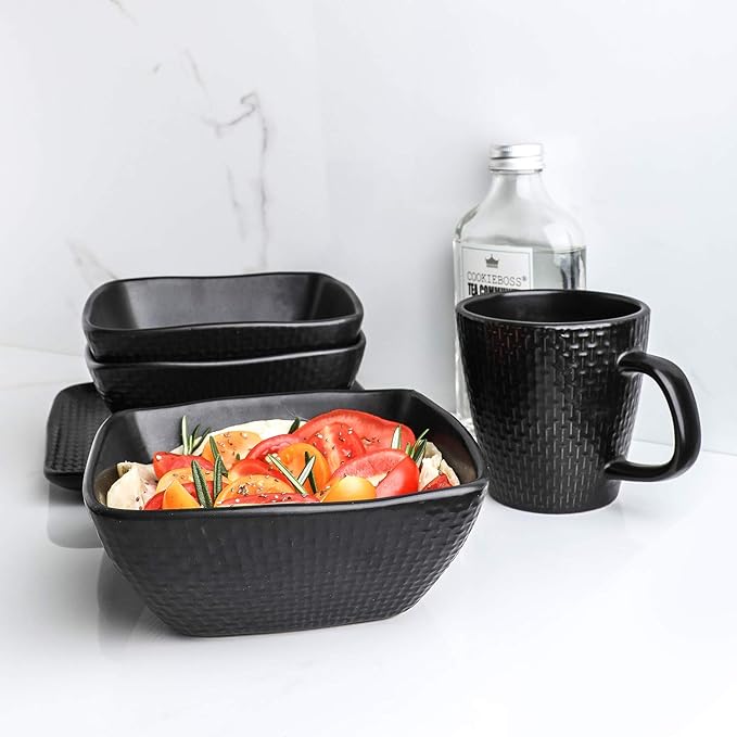 Stone Lain 32 Piece Stoneware Square Weave Dinnerware Set Service for 8 Black