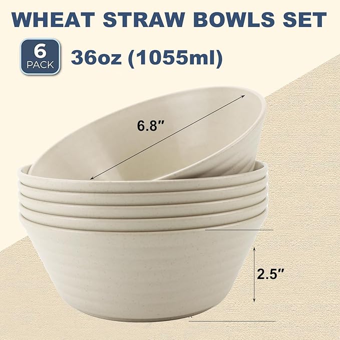 Wrova wheat straw bowls and deep plates bundle with cups - unbreakable dinnerware sets of 22 - Beige series