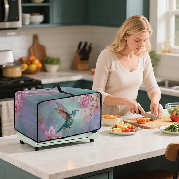 Hummingbird Flower Print Toaster Oven Dust Cover Heavy Duty Toaster Smart Oven Dust Cover with Accessory Pockets M