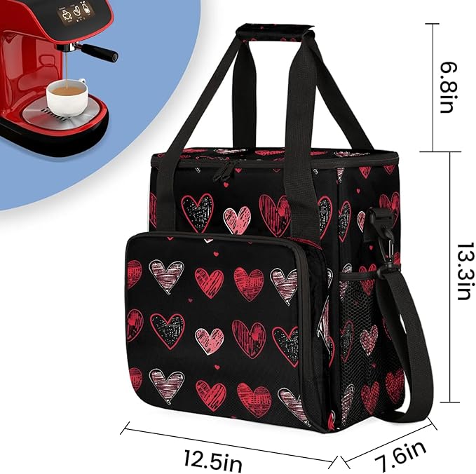 Valentine's Day Black Red Heart Coffee Maker Carring Bag Large Insulated Storage Organizer Case Tote Bags with Shoulder Strap for Travel Work Picnic