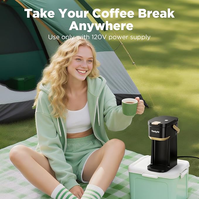 Single Serve One Cup Coffee Maker for K Cups and Grounds Mini Coffee Maker with Portable Handle 6 to 12 Oz Brew Size for Travel Camping Office RV and Dorm 120V Black and Gold