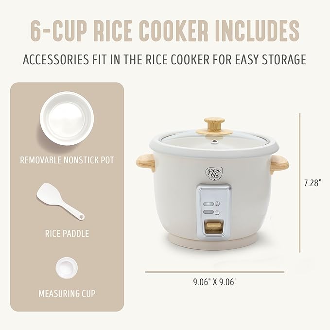 GreenLife Rice Cooker with Removable PFAS-Free Ceramic Nonstick Pot 3-Cups Uncooked/6-Cups Cooked Grains &amp Oatmeal Multicooker Compact One-Switch Design Auto Keep Warm Easy Clean Cream