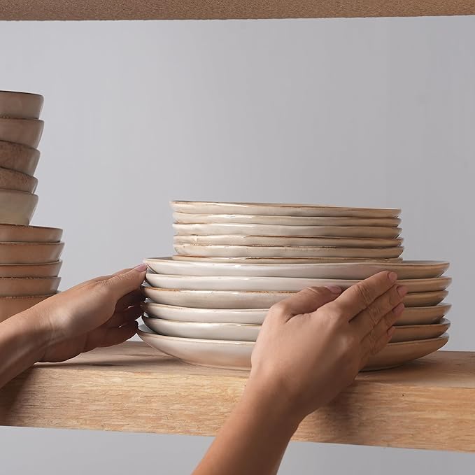 Karaca Aria Reactive Stoneware Plates &amp Bowls Sets - Ceramic Dinnerware Sets for 6 24 Piece Microwave Safe Dish Set incl. Dinner Plate Set with Pasta Bowls Side Plates and Cereal Bowl - Beige