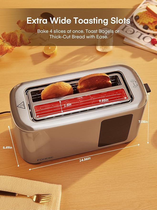 4 Slice Toaster Touch Screen Control Long Extra Wide Slots Smart Bread Toaster 6 Bread Types &amp 6 Shade Settings Stainless Steel Toaster with Removable Tray Cancel/Defrost/Reheat Function Sli