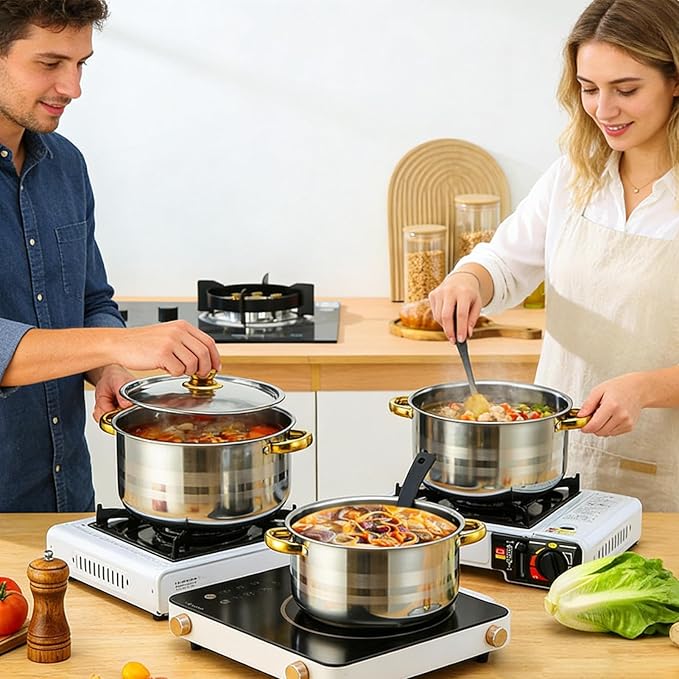 Stainless Steel Cookware Set - 10 Piece Cooking Gadgets Non Stick Kitchen Pots Durable Cookware | Soup Pasta Stew Camping for Soup Pasta Stew Camping