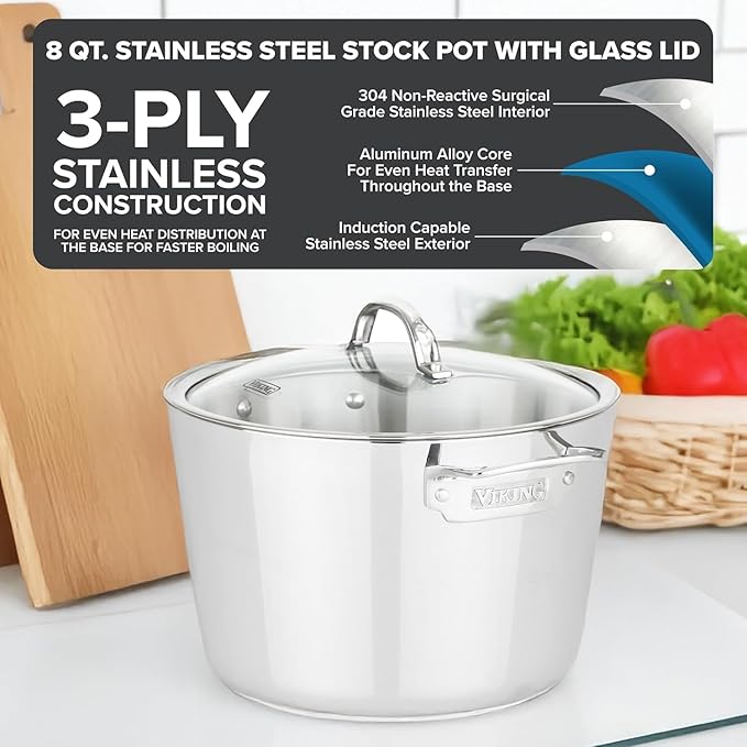 Viking 4-Piece Premium Cookware Bundle – 10” Nonstick Frying Pan 2.4 Qt Sauce Pan with Lid 8 Qt Stock Pot 6 Stainless Steel Kitchen Utensils – Oven &amp Dishwasher Safe Induction Ready