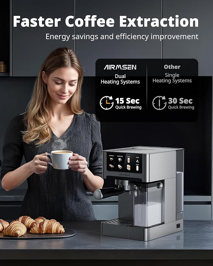 AIRMSEN 20 Bar Espresso Machine with Automatic Milk Frother Cappuccino &amp Latte Coffee Maker with Quick Brew Dual Boiler (1350W + 1000W) Stainless Steel 60oz Water Tank Touchscreen