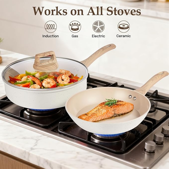 Pots and Pans Set Non Stick Non-Toxic Ceramic Cookware Set 11pcs Induction Cookware Kitchen Cooking Set with Frying Pans Saucepan Stock Pot PFOA Free &amp PFOS Free Cream Color